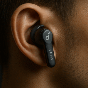 Close-up of Soundcore VR P10 earbud showing ergonomic shape and silicone tip