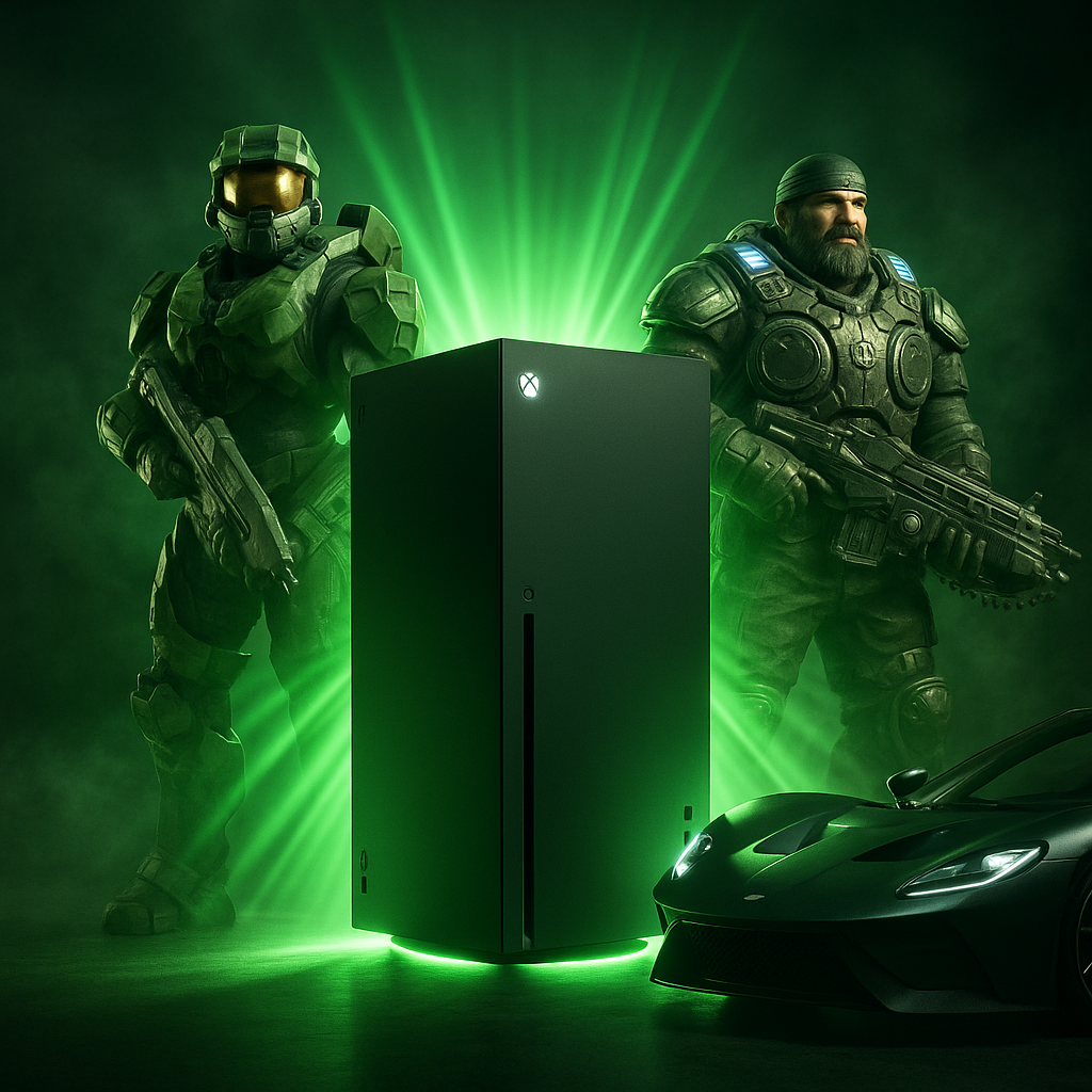 Xbox Series X surrounded by exclusive game icons